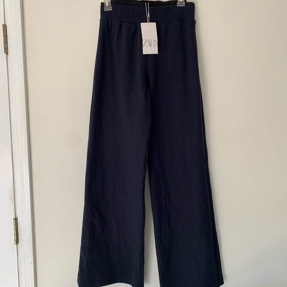 Zara Medium Thick Cotton Wide Leg Opening Navy Pants NWT